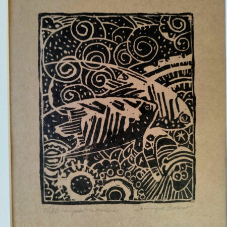 Composition marine, impression faite à la main par l'artiste d'une linogravure. Oeuvre unique, tirage numéroté et signé par l'artiste