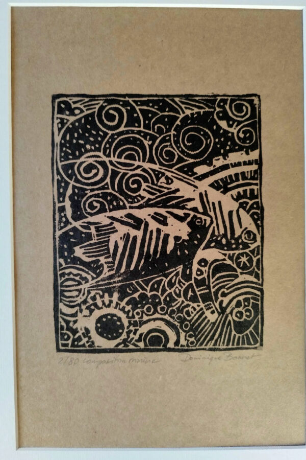 Composition marine, impression faite à la main par l'artiste d'une linogravure. Oeuvre unique, tirage numéroté et signé par l'artiste