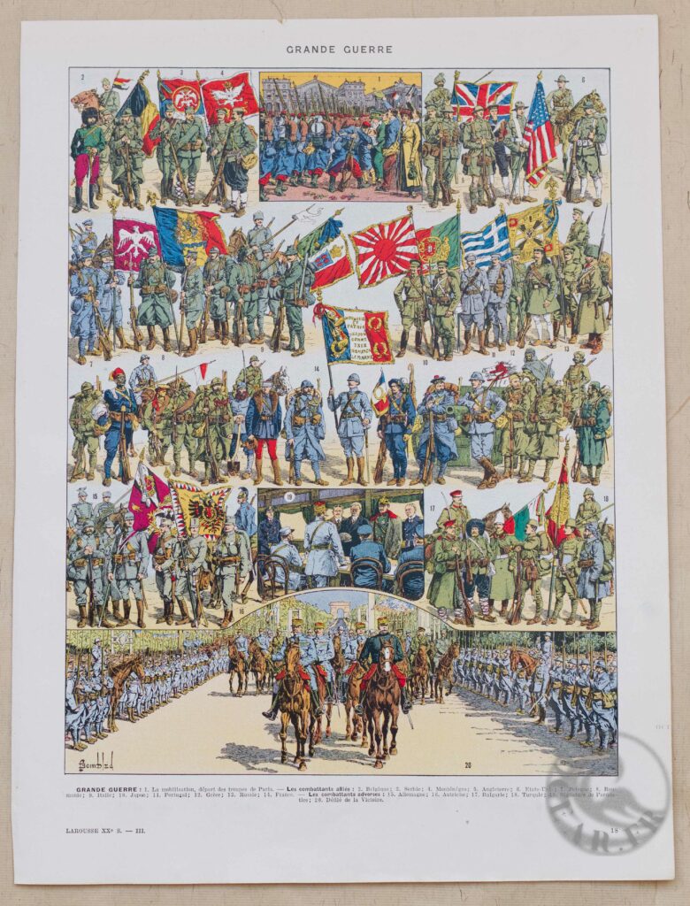 Planche vintage "Grande Guerre 1914-1918 : Uniformes & Carte du Monde" 1930