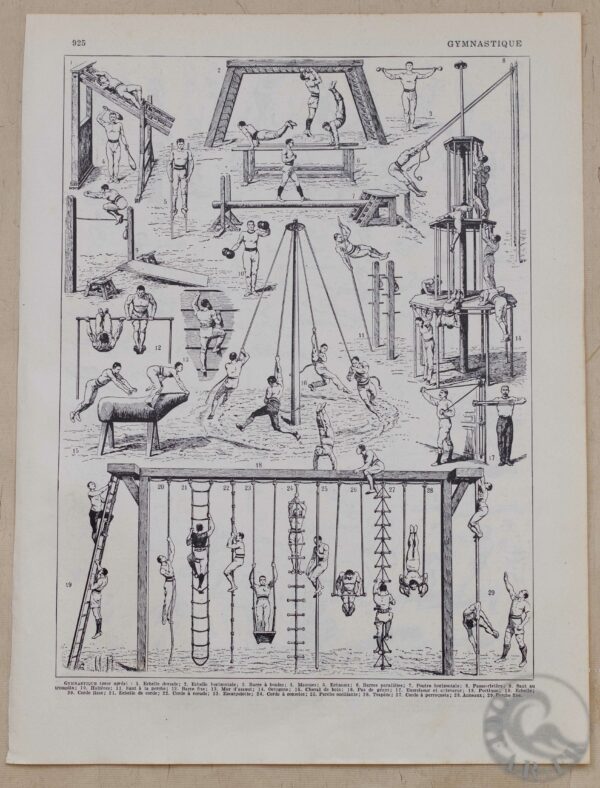 Planche vintage "Gymnastique & Sports, Exercices d'époque", Larousse 1930