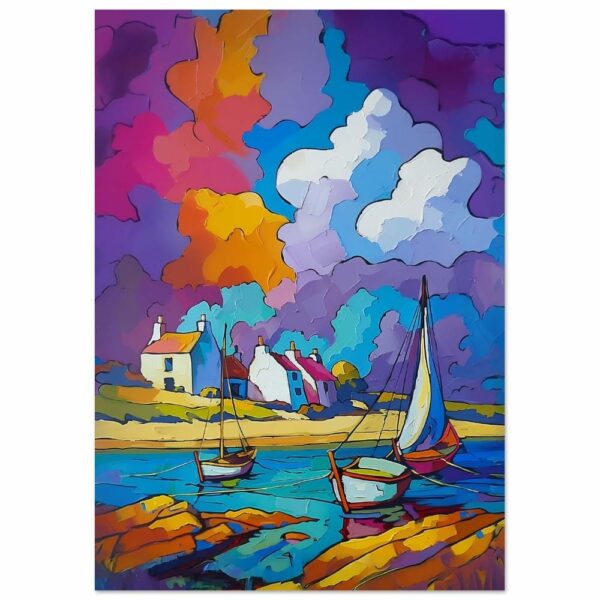 Poster premium en papier semi-brillant, Voilier à l'Ancre, paisible rivage breton, la lumière de la Bretagne