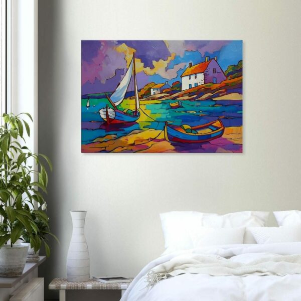 Toile la petite maison et les bateaux, paysage de Bretagne, reproduction sur véritable toile d'une œuvre de Dominique Bonnet