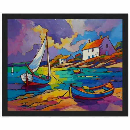 Poster qualité musée en papier mat encadré en bois la petite maison et les bateaux, Bretagne, reproduction d'une œuvre de Dominique Bonnet