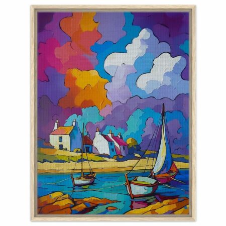 Toile sur chassis avec encadrement, Voilier à l'Ancre, paisible rivage breton, la lumière de la Bretagne -  impression sur toile encadrement