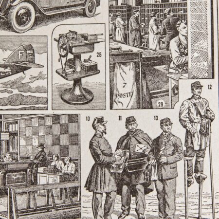 Poster lithographie "La Poste", Planche extraite du Larousse du XXe Siècle (1932), les métiers et les hommes. par Auguste Goichon (1890)