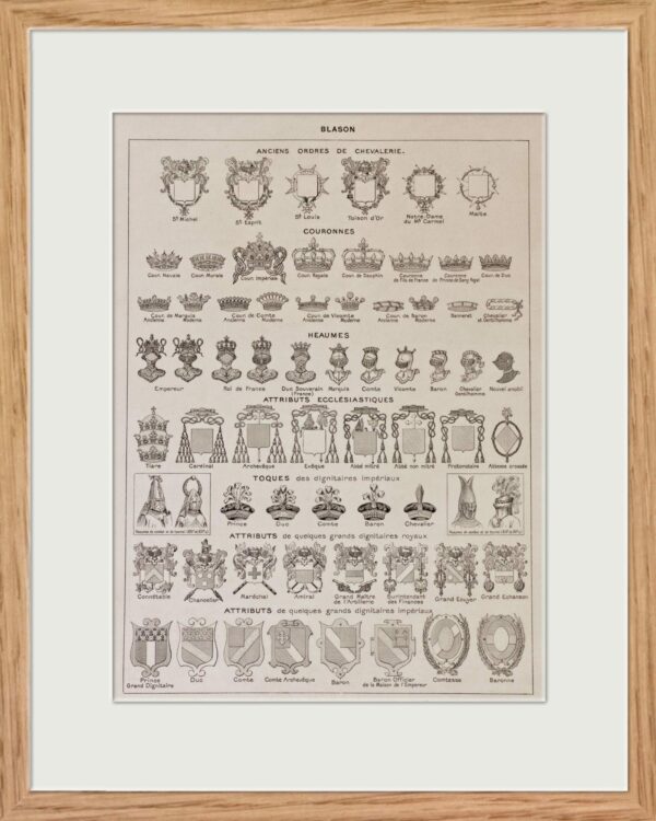 Planche héraldique originale de 1928 "Les blasons" Pièce rare et authentique, idéale pour décoration ou collection