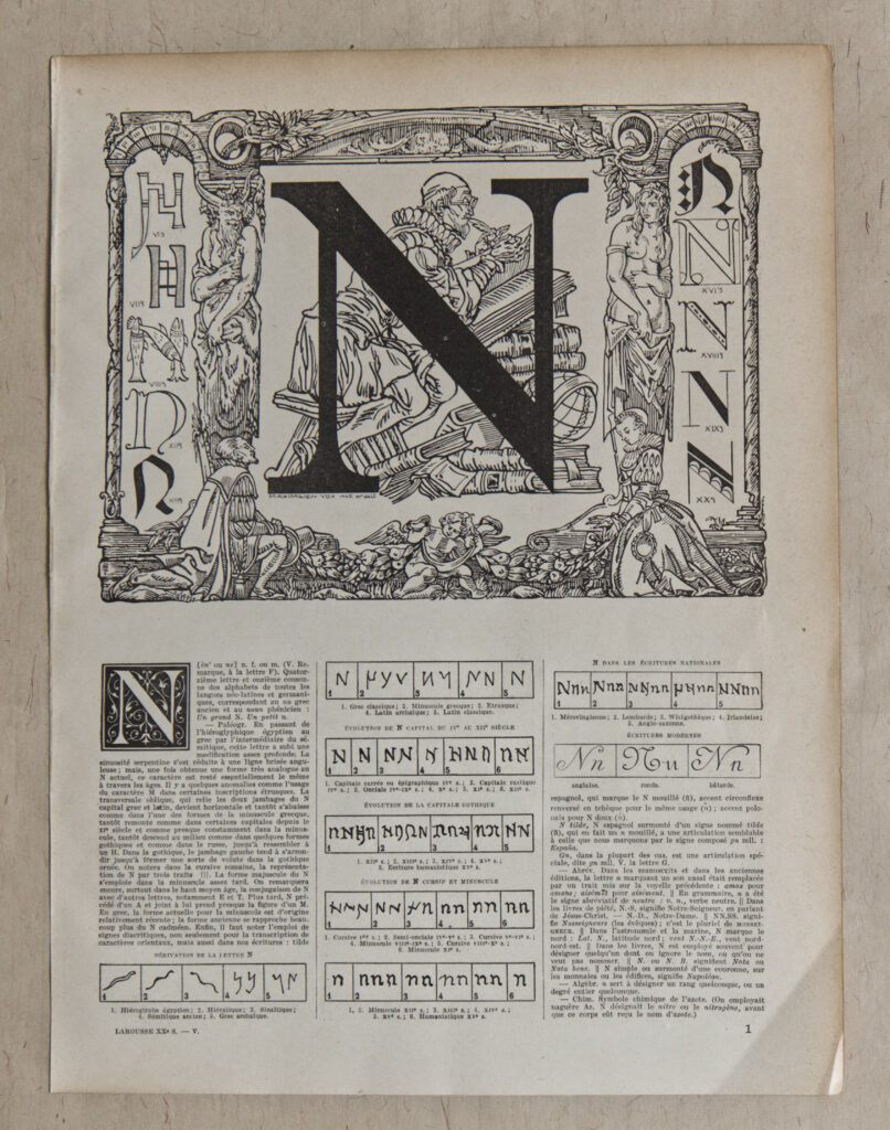 Planche originale de 1932 illustrée sur la typographie de la lettre N, Maximilien Vox