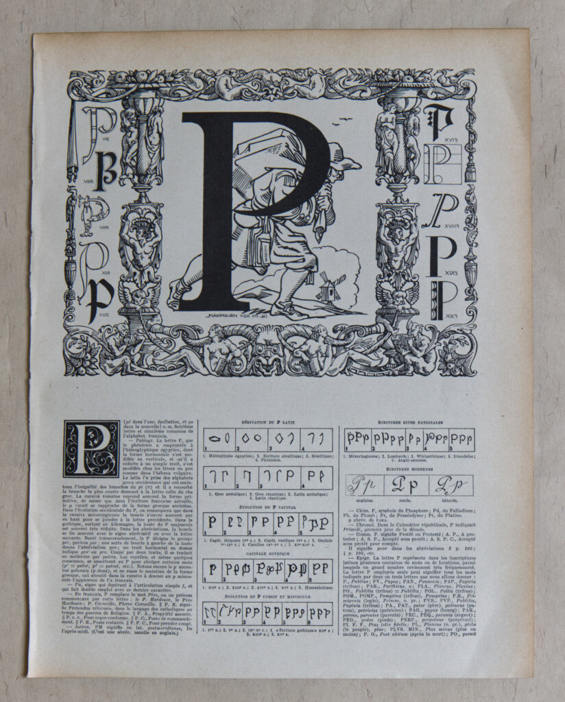 Planche originale de 1932 illustrée sur la typographie de la lettre P, Maximilien Vox