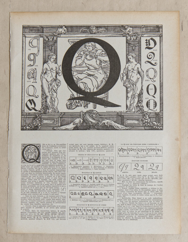 Planche originale de 1932 illustrée sur la typographie de la lettre Q, Maximilien Vox