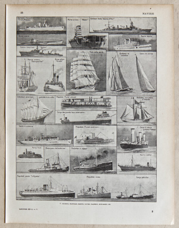 Planche originale "Les Navires" (1930) – Illustration vintage ancienne 24 cm x 31,5 cm
