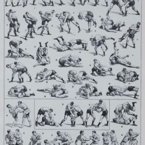 L’Art de la Lutte en 1930, planche illustrée d’époque en 40 prises et mouvements détaillés