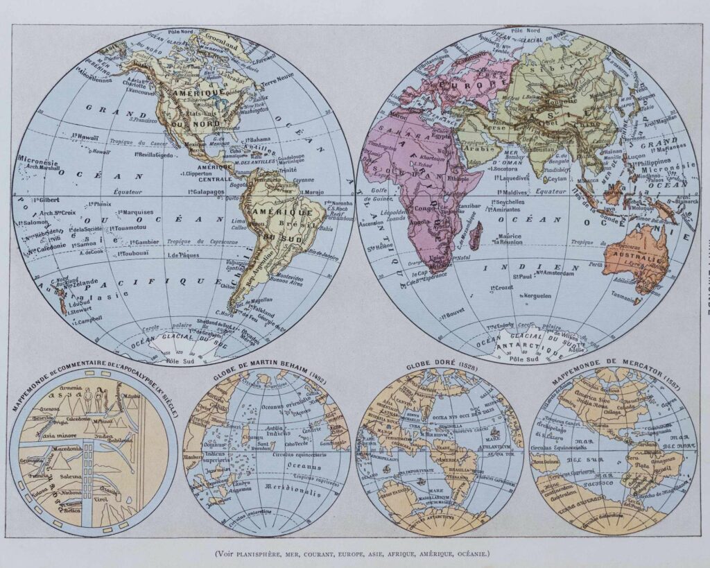 Mappemonde et Les Pôles, planche encyclopédique originale 1930