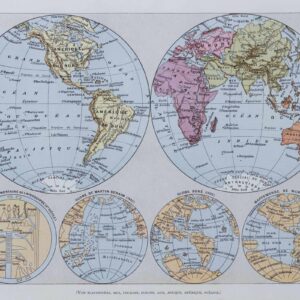 Mappemonde et Les Pôles, planche encyclopédique originale 1930