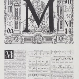 Lettre M ornementale & histoire de l'alphabet, planche encyclopédique originale 1930