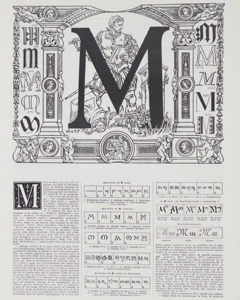 Lettre M ornementale & histoire de l'alphabet, planche encyclopédique originale 1930