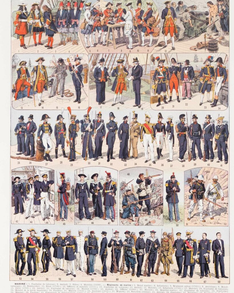 Uniformes marine française 1690-1930: planche encyclopédique originale couleurs 1930