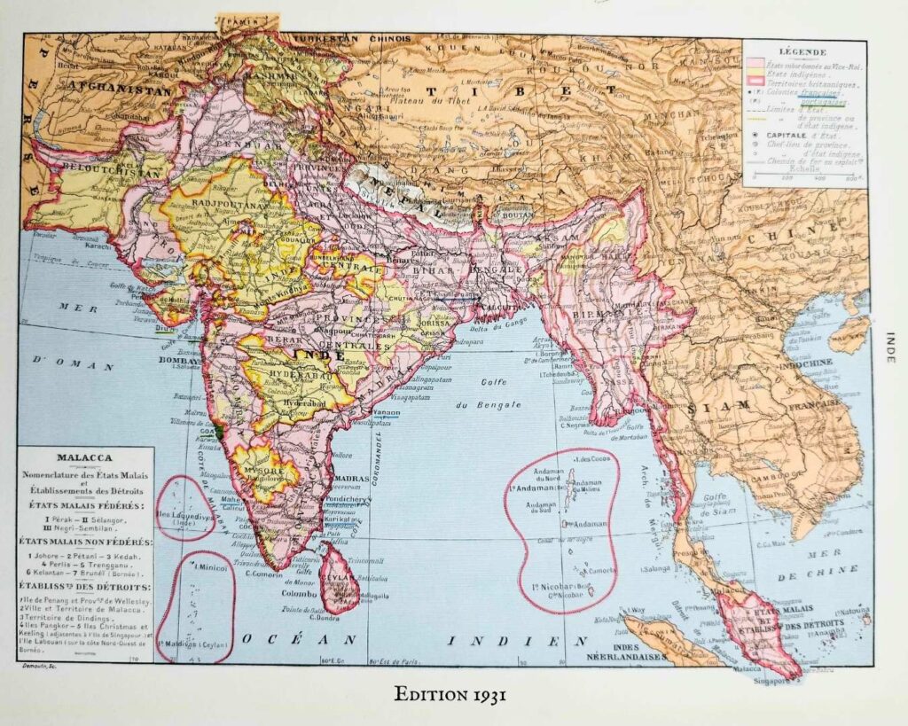 Inde et Asie méridionale, carte couleurs et art indien, planche originale 1931