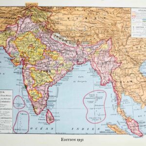 Inde et Asie méridionale, carte couleurs et art indien, planche originale 1931