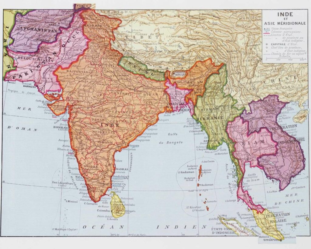 Inde indépendante, carte 1947 Asie méridionale, planche encyclopédique originale
