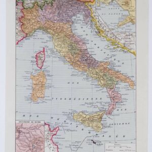 Carte de l'Italie en couleurs et atlas historique, planche encyclopédique originale 1930