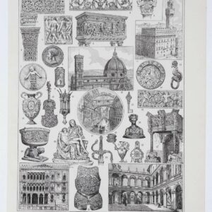 Art italien de la Renaissance, 30 gravures, Michel-Ange Donatello Della Robbia Cellini, planche encyclopédique originale 1930
