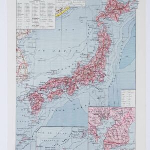 Carte du Japon en couleurs et art japonais, planche encyclopédique originale 1930