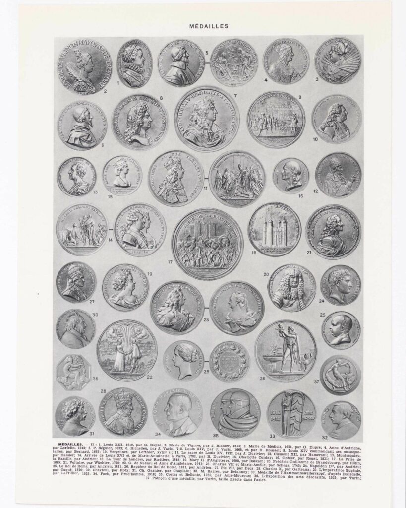 Médailles européennes XIVe-XXe siècle: planche encyclopédique originale 1930