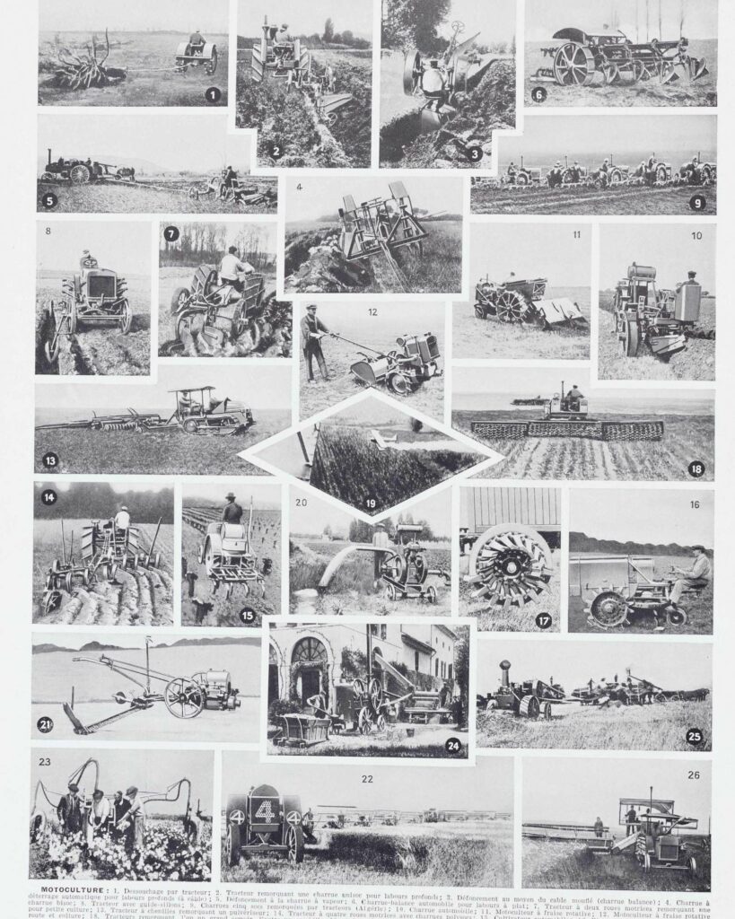 Moteurs industriels et motoculture agricole: planche encyclopédique originale 1930