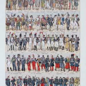 Planche encyclopédique originale 1930 — Infanterie française : quinze siècles de combattants