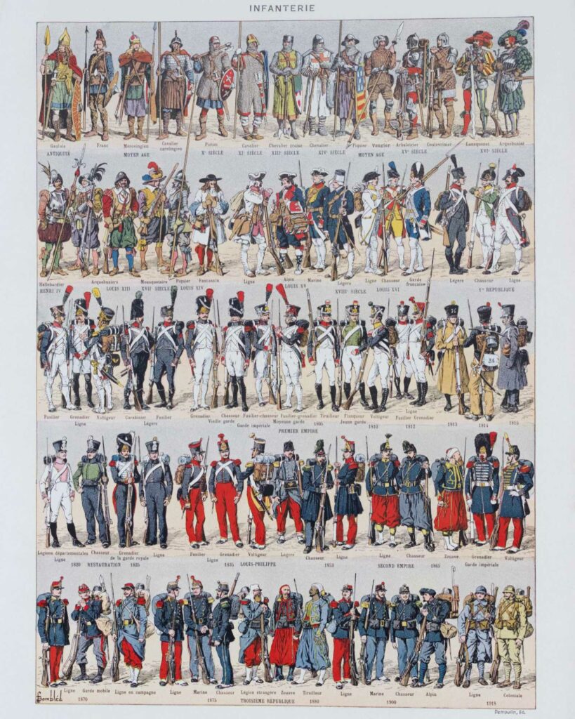 Planche originale 1930, Infanterie française : quinze siècles de combattants