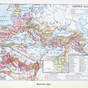empire romain, carte historique en couleurs et art romain, planche encyclopédique originale 1930