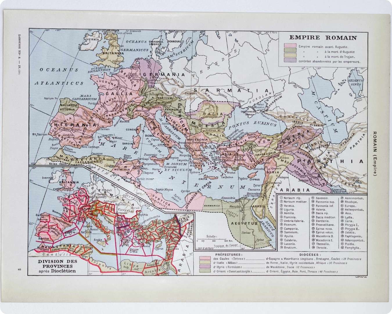 empire romain, carte historique en couleurs et art romain, planche encyclopédique originale 1930