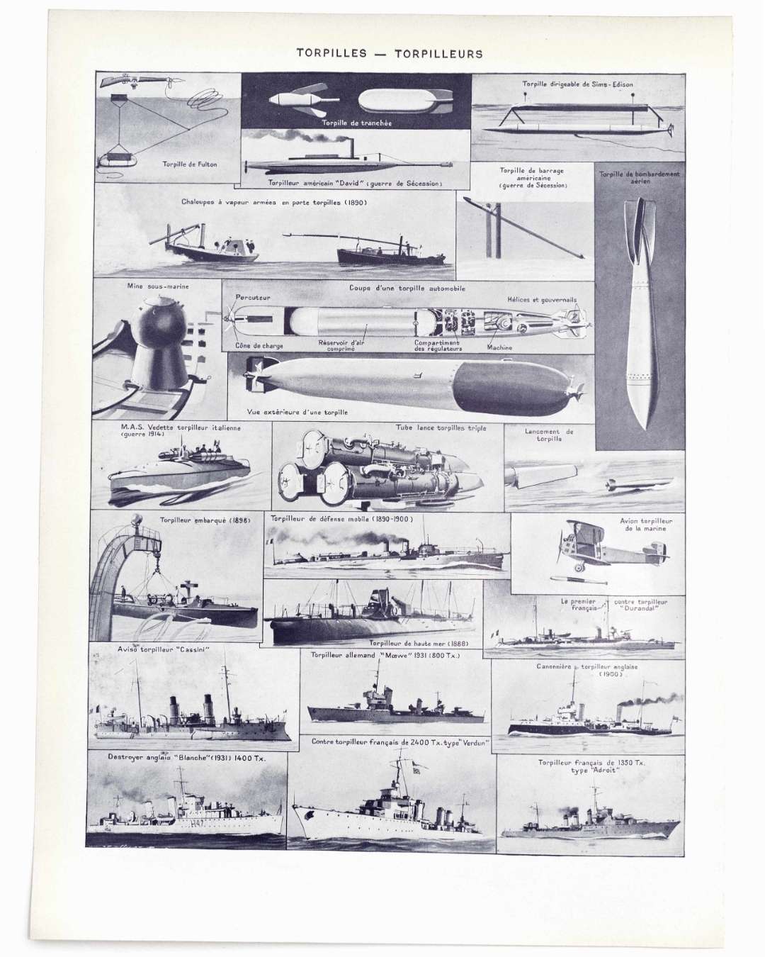 sous marins et torpilleurs, de 1776 au surcouf, planche encyclopédique originale 1930