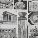 empire romain, carte historique en couleurs et art romain, planche encyclopédique originale 1930