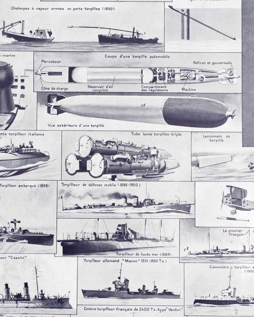 sous marins et torpilleurs, de 1776 au surcouf, planche encyclopédique originale 1930