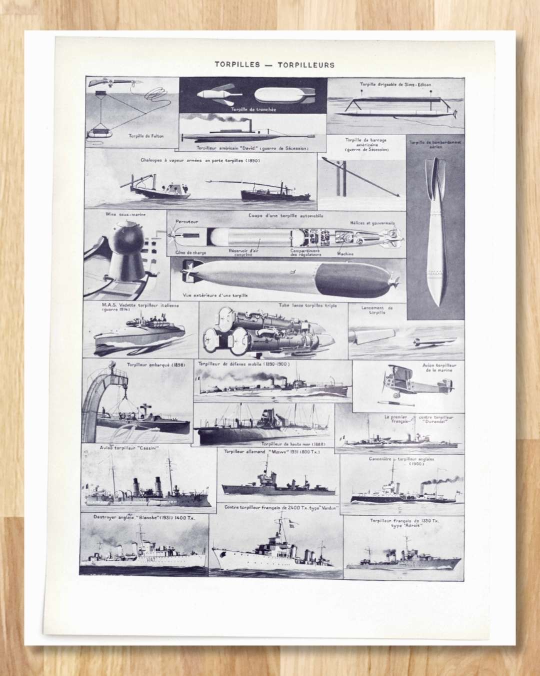 sous marins et torpilleurs, de 1776 au surcouf, planche encyclopédique originale 1930
