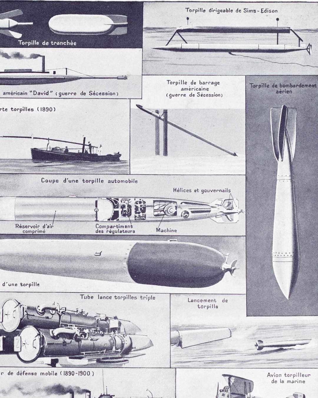 sous marins et torpilleurs, de 1776 au surcouf, planche encyclopédique originale 1930