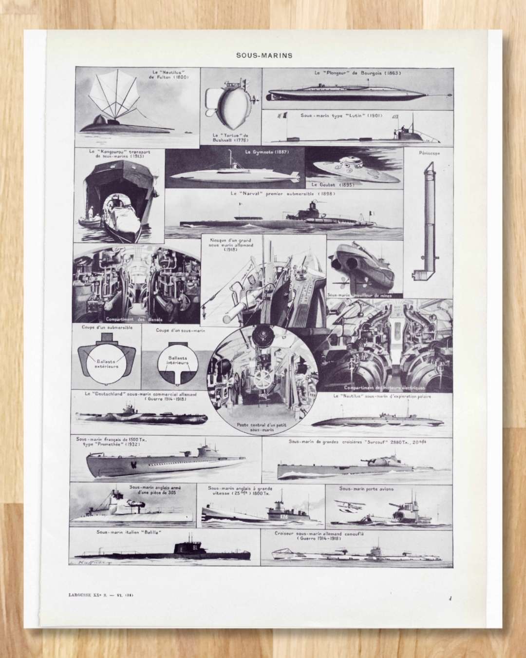 sous marins et torpilleurs, de 1776 au surcouf, planche encyclopédique originale 1930