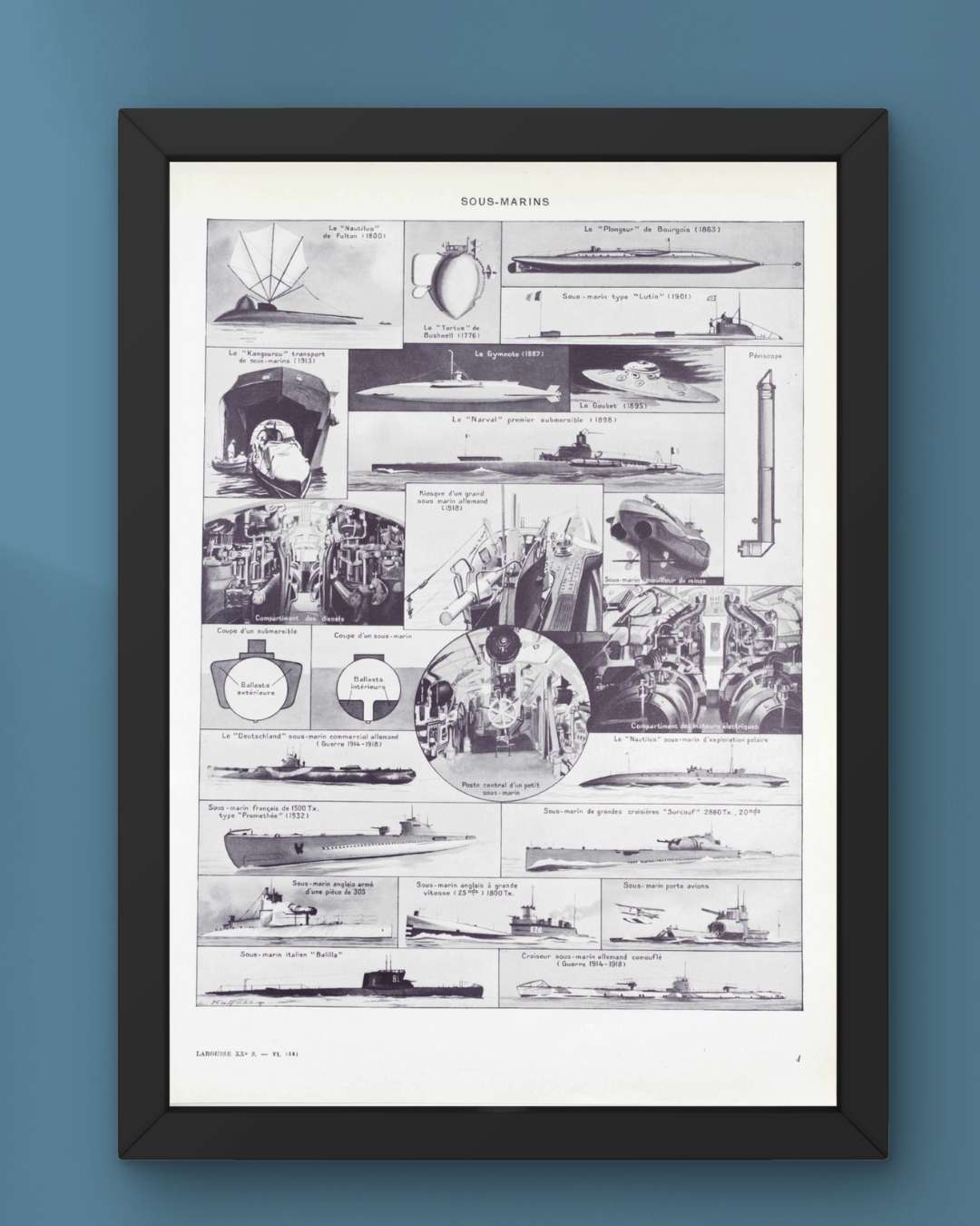 sous marins et torpilleurs, de 1776 au surcouf, planche encyclopédique originale 1930