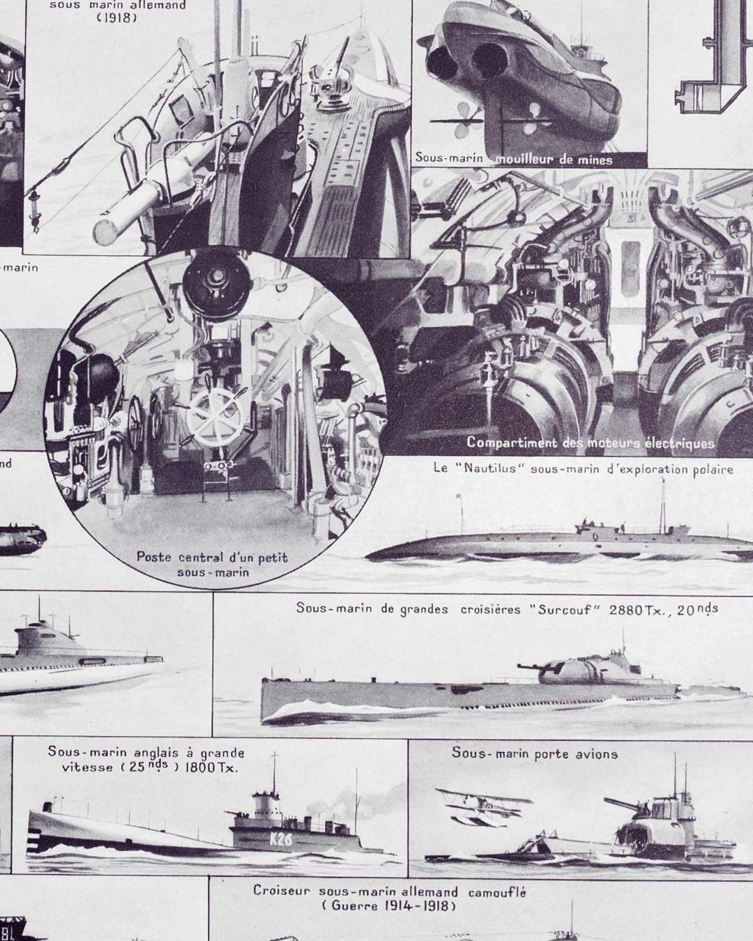 sous marins et torpilleurs, de 1776 au surcouf, planche encyclopédique originale 1930