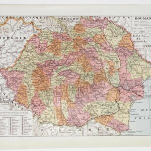 grande roumanie 1939, carte politique en couleurs et carte économique, planche encyclopédique originale