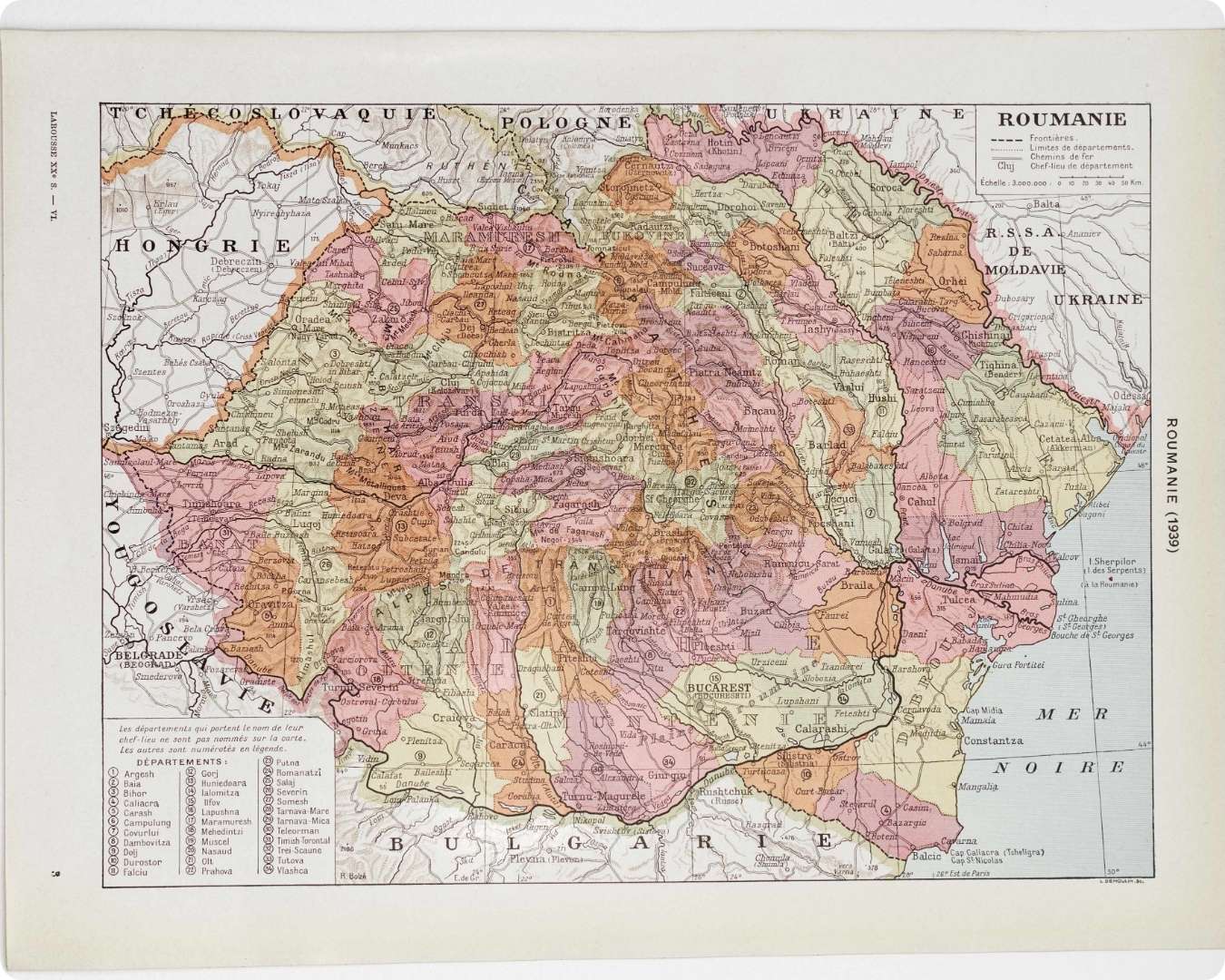 grande roumanie 1939, carte politique en couleurs et carte économique, planche encyclopédique originale