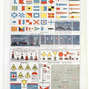 signalisation maritime, routière et militaire, planche encyclopédique originale couleurs 1930