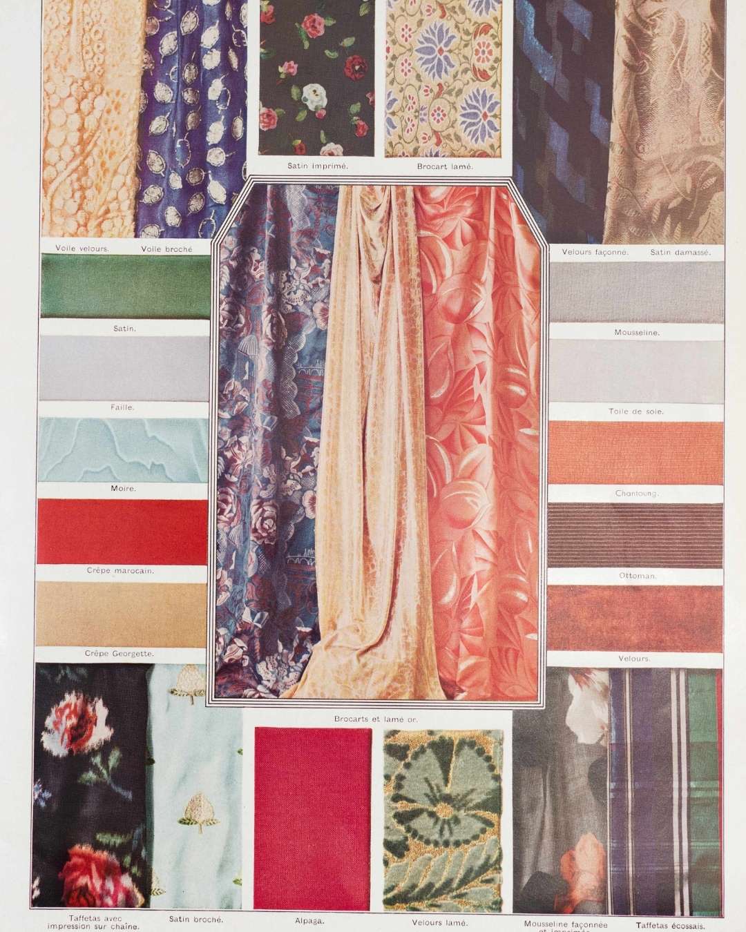 soieries, 22 tissus en couleurs et fabrication de la soie, planche 1930