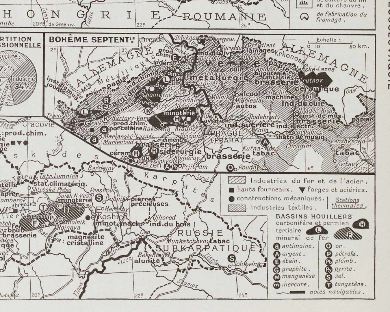 tchécoslovaquie, le 14 mars 1939, carte politique et cartes économiques