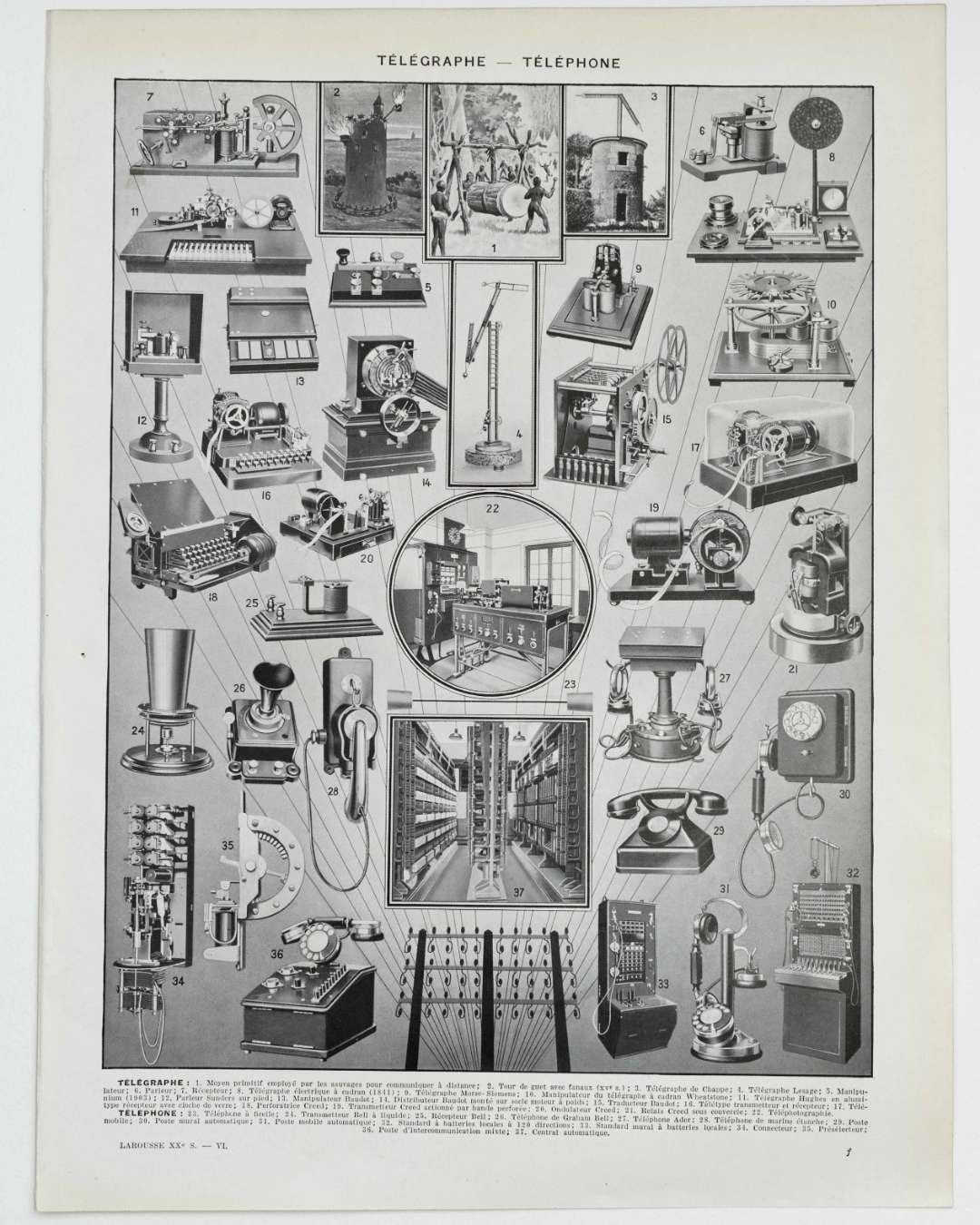 télégraphe, téléphone et t.s.f., de chappe à marconi, planche encyclopédique originale 1930