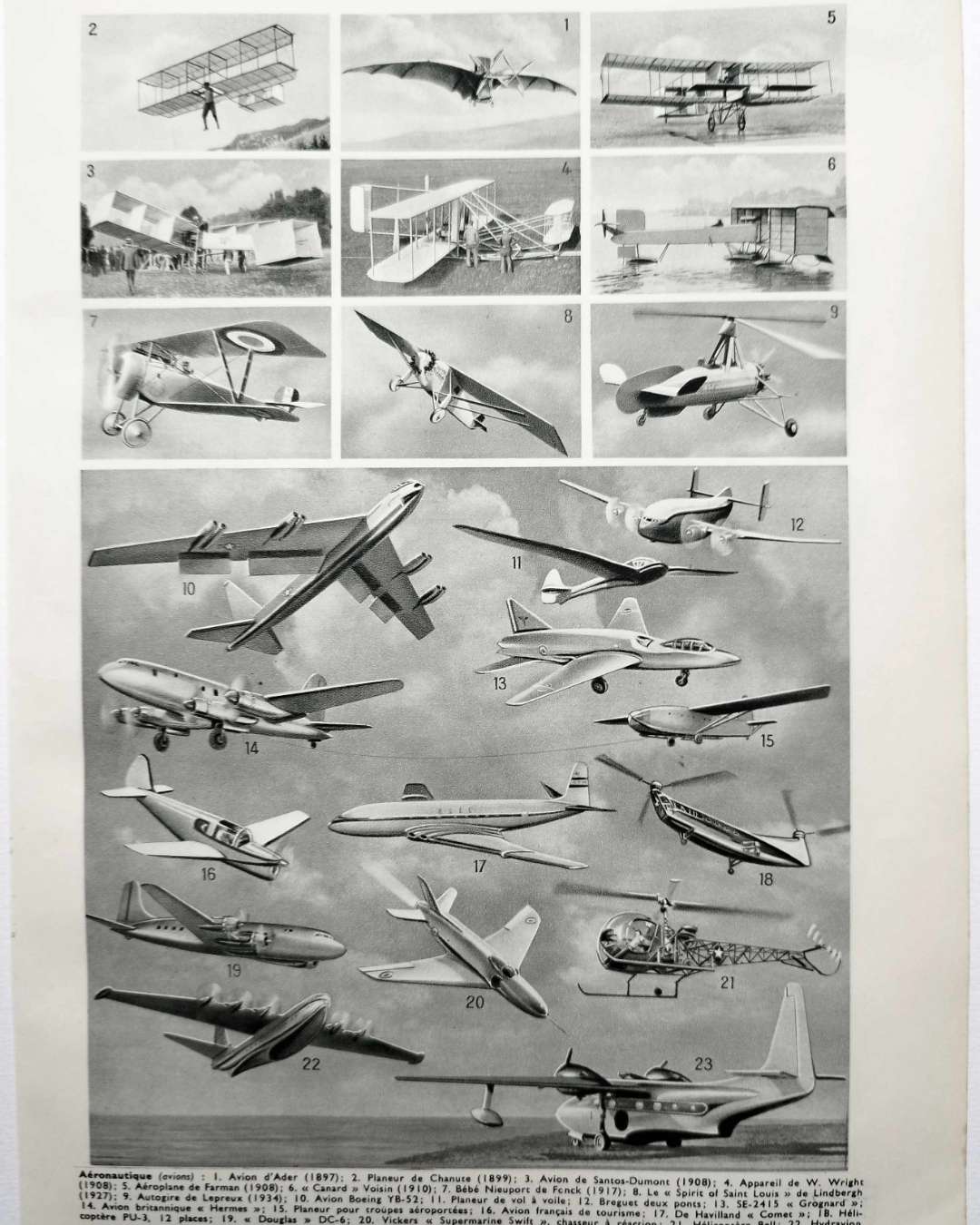 planche ancienne d’aéronautique, aviation et ballons, original 1948
