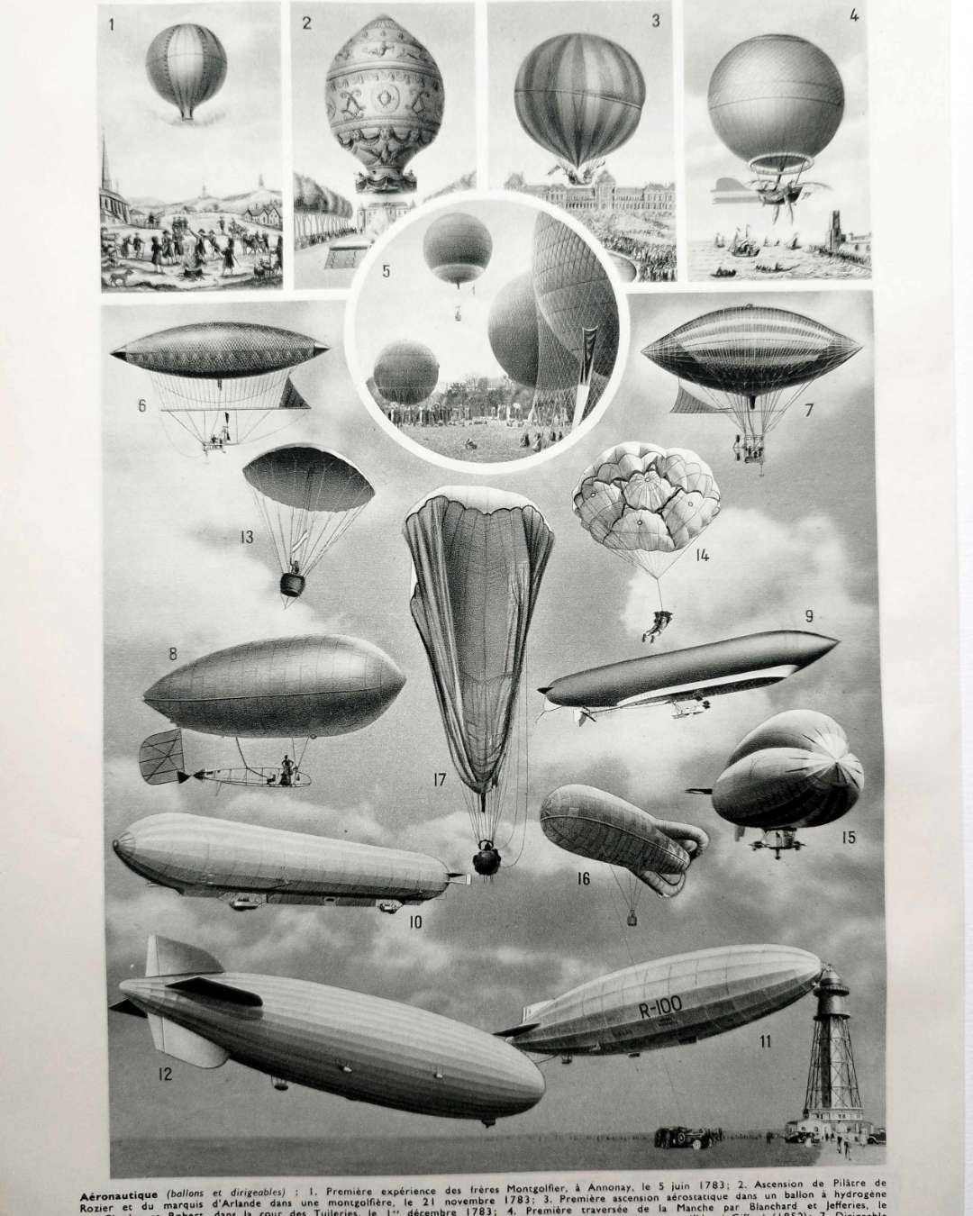 planche ancienne d’aéronautique, aviation et ballons, original 1948