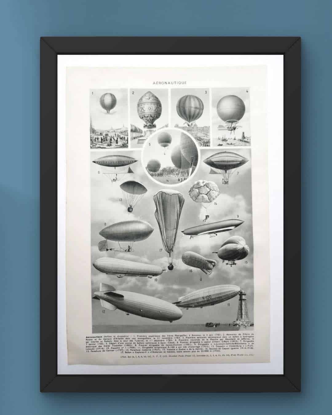 planche ancienne d’aéronautique, aviation et ballons, original 1948