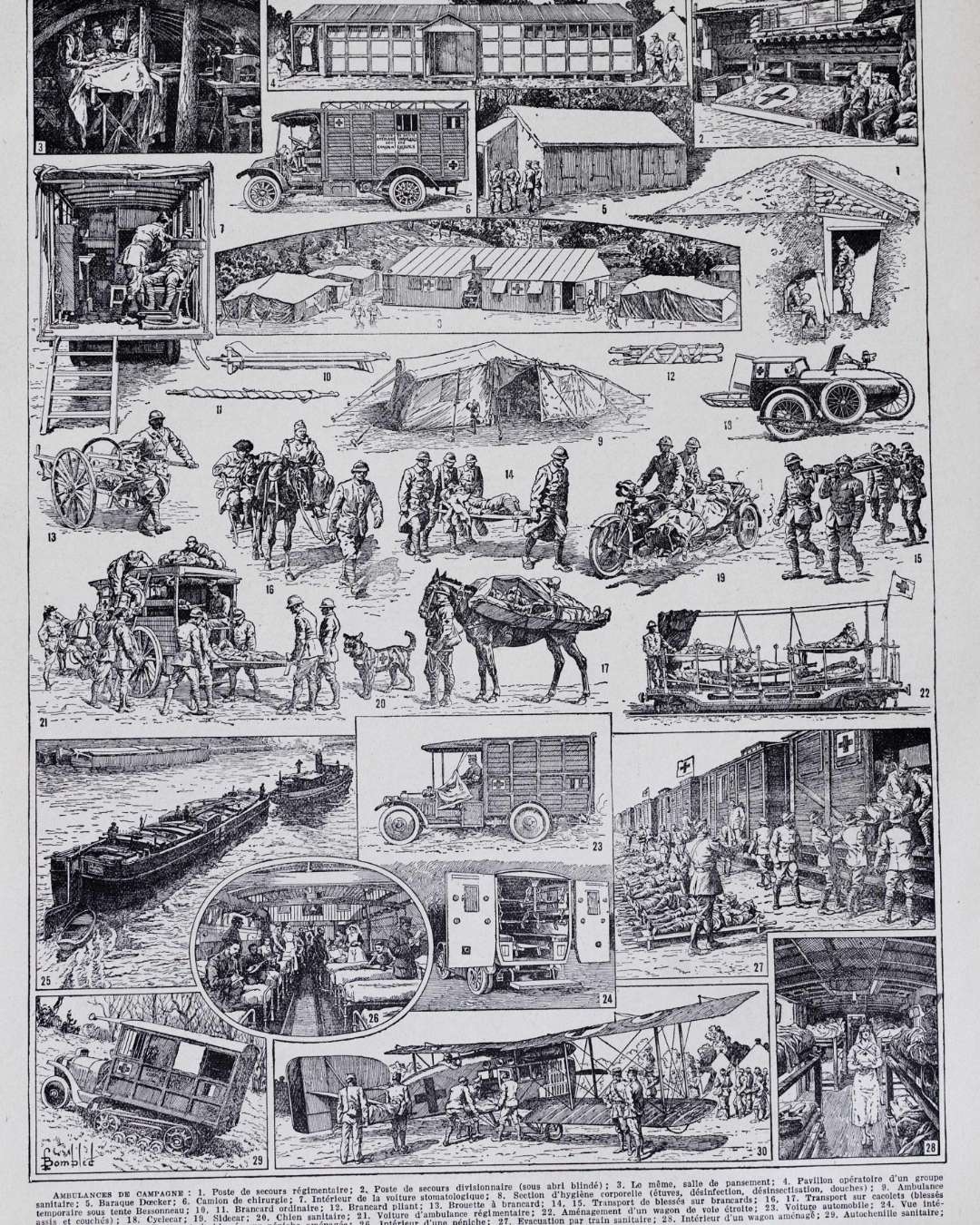 planche ancienne ambulances, illustration médicale militaire